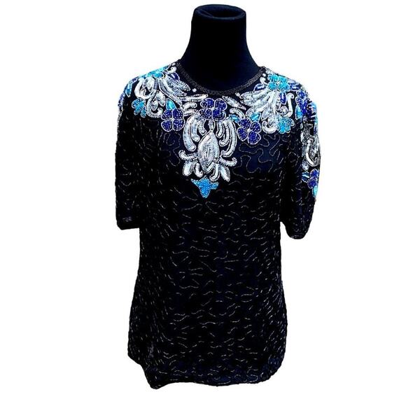 Vintage 80s Scala Dynasty Glam Beaded Evening Holiday Top Small - Picture 1 of 6